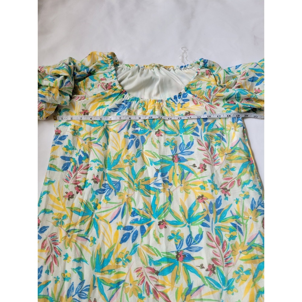 Indigo Rose Dress White Floral Colorful Tropical Tier Puff Sleeve Lined Beachy S - Picture 4 of 9